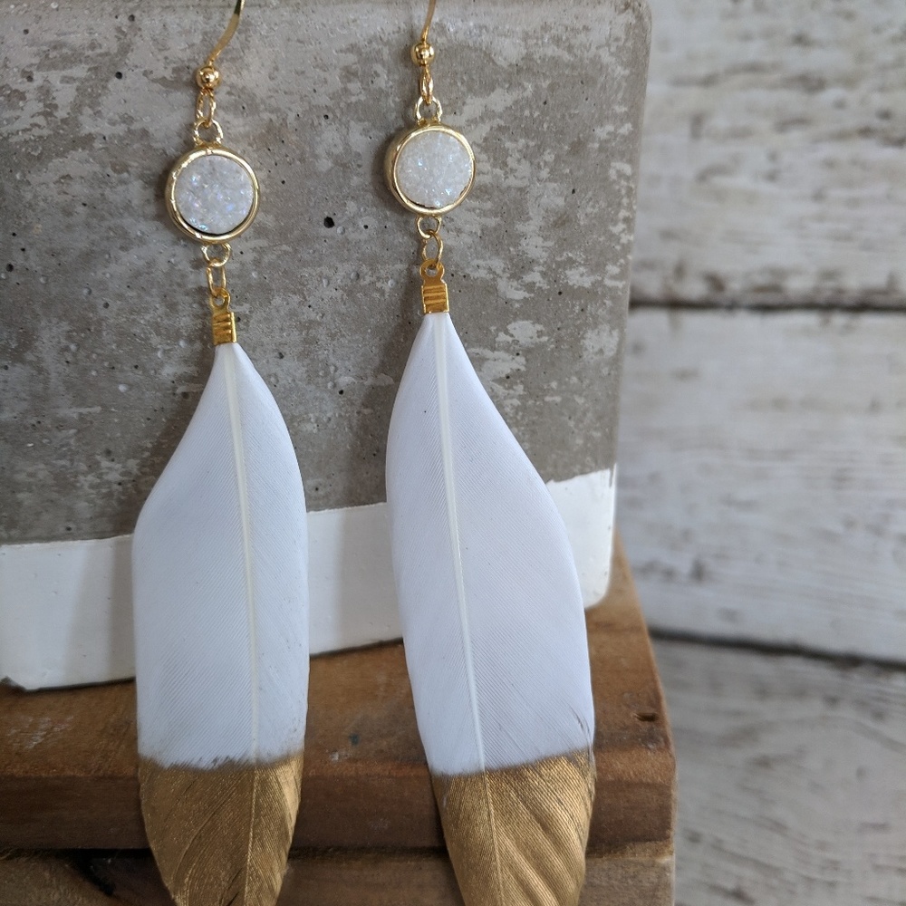 Gold dipped white geniune feather earrings